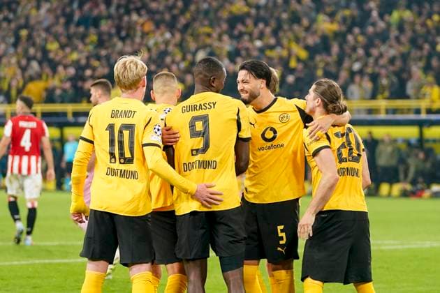 Serhou Guirassy (Borussia Dortmund) celebrates after scoring his team s third goal with teammates during the UEFA Champions League 2025 26 League Phase MD2 match between Borussia Dortmund and Athletic Club at BVB Stadion Dortmund on October 1, 2025 in Dortmund, Germany. (Photo by Alex Gottschalk DeFodi Images) Serhou Guirassy Borussia Dortmund celebrates after scoring his team s third goal with teammates during the UEFA Champions League 2025 26 League Phase MD2 match between Borussia Dortmund and Athletic Club at BVB Stadion Dortmund on October 1, 2025 in Dortmund, Germany Photo by Alex Gottschalk DeFodi Images