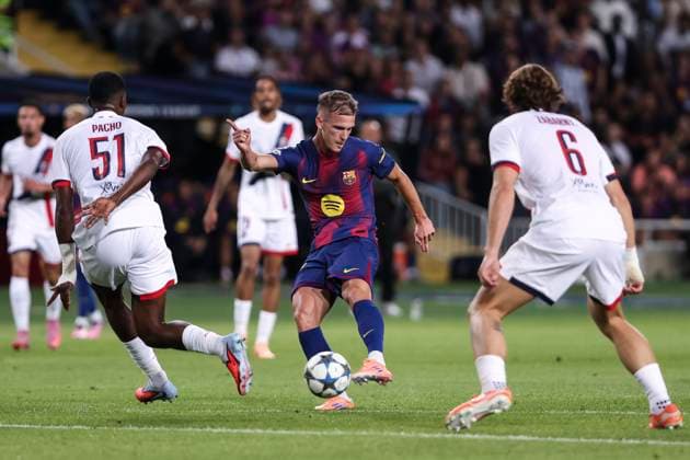 October 1, 2025, Barcelona, Barcelona, SPAIN: Dani Olmo of FC Barcelona, Barca in action during the UEFA Champions League 2025 26 League Phase MD2, match between FC Barcelona and Paris Saint-Germain at Estadi Olimpic Lluis Companys on October 01, 2025 in Barcelona, Spain. Barcelona SPAIN - ZUMAa181 20251001_zaa_a181_049 Copyright: xJavierxBorregox
