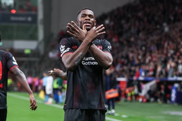 Fussball, UEFA Champions League Saison 2025 2026 Ligaphase - 2. Spieltag Bayer 04 Leverkusen - PSV Eindhoven 01.10.2025, BayArena Torjubel Bayer 04 Leverkusen nach dem Tor zum 1-0 durch Christian Kofane (Bayer 04 Leverkusen, 35), der Torschütze freut sich Leverkusen BayArena Nordrhein-Westfalen Deutschland