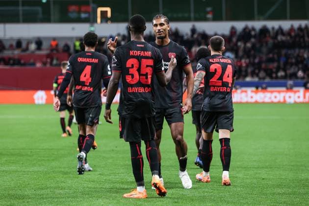 Fussball, UEFA Champions League Saison 2025 2026 Ligaphase - 2. Spieltag Bayer 04 Leverkusen - PSV Eindhoven 01.10.2025, BayArena Torjubel Bayer 04 Leverkusen nach dem Tor zum 1-0 durch Christian Kofane (Bayer 04 Leverkusen, 35), der Torschütze freut sich Leverkusen BayArena Nordrhein-Westfalen Deutschland
