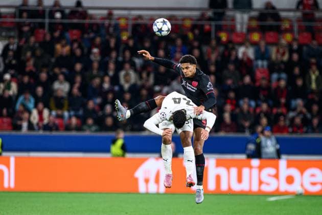 LEVERKUSEN, GERMANY - 1 OCTOBER, 2025: Jarell Quansah, Ismael Saibari - The UEFA Champions League football match between Bayer 04 Leverkusen vs PSV Eindhoven at BayArena.  Copyright: xVitaliixKliuievx