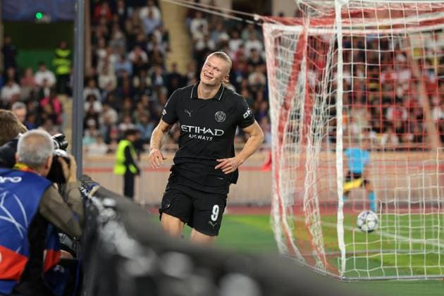 Monaco, Monaco, 1st October 2025. Erling Haaland of Manchester City celebrates after scoring to give the side a 1-0 lead the AS Monaco vs Manchester City UEFA Champions League match at Stade Louis II, Monaco. Picture credit should read: Jonathan Moscrop Sportimage EDITORIAL USE ONLY. No use with unauthorised audio, video, data, fixture lists, club league logos or live services. Online in-match use limited to 120 images, no video emulation. No use in betting, games or single club league player publications. SPI_062_JM_MONACO_MANCITY_UCL_ SPI-4166-0062