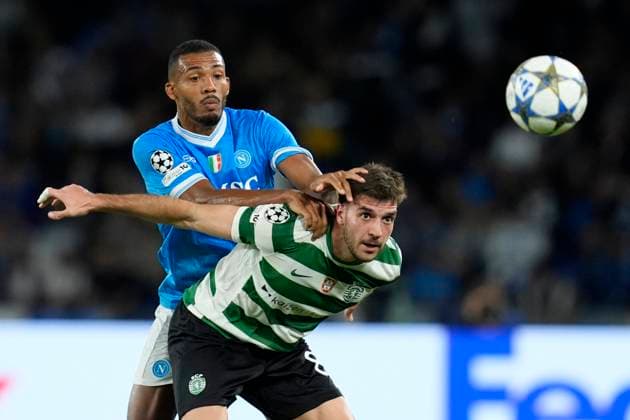 Juan Jesus (SSC Napoli) and Fotis Ioannidis (Sporting CP) battle for the ball, UEFA Champions League 2025 26 League Phase MD2, SSC Napoli v Sporting Clube de Portugal, Diego Armando Maradona Stadium, October 1, 2025, Naples, Italy.