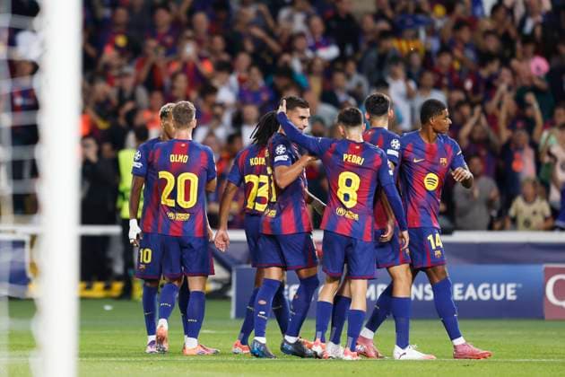 Barcelona team group, Mannschaftsbild, Totale (Barcelona), OCTOBER 1, 2025 - Football Soccer : UEFA Champions League match between FC Barcelona, Barca 1-2 Paris Saint-Germain at the Estadi Olimpic Lluis Companys in Barcelona, Spain.  aflo_305530381