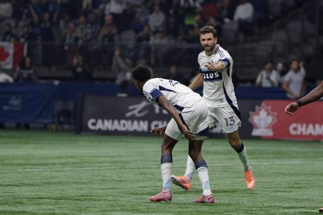 Vancouver Whitecaps FC vs Vancouver FC: Canadian Championship Final 2025 VANCOUVER, BC - OCTOBER 01: Midfielder Thomas Muller (13) of Vancouver Whitecaps FC and Midfielder Ali Ahmed (22) of Vancouver Whitecaps FC celebrate after scoring a goal during the Canadian Championship Final game between Vancouver Whitecaps FC and Vancouver FC at BC Place on October 1, 2025 in Vancouver, Canada.(Photo by Tomaz Jr Pximages) Copyright: xTomazxJr Pximagesx