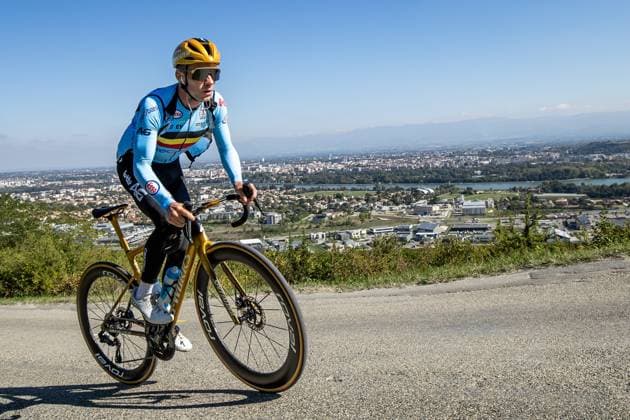 Belgian Remco Evenepoel pictured in action during a training session on the track of the UEC road European cycling championships, on Thursday 02 October 2025 in Loriol-sur-Drome, France. The European cycling championships Drome-Ardeche takes place from 1 to 5 October, France. DAVIDxPINTENS  x135916283x