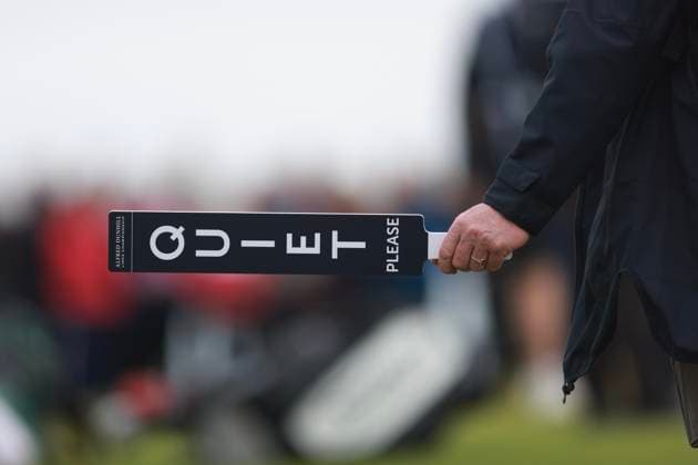2nd October 2025; The Carnoustie Golf Links, Carnoustie, Angus, Scotland; Alfred Dunhill Links Golf Championship, Round One; A marshal holds out his quiet please board at Carnoustie Championship golf course during the first round of the Alfred Dunhill Links Championship  DavidxYoung