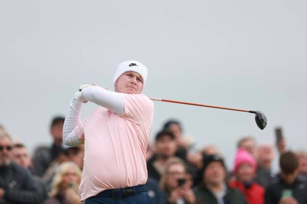 2nd October 2025; The Carnoustie Golf Links, Carnoustie, Angus, Scotland; Alfred Dunhill Links Golf Championship, Round One; Robert Macintyre of Scotland plays a shot from the tee on the fourth hole of the Old Course, St Andrews during a practice round at the Alfred Dunhill Links Championship  DavidxYoung