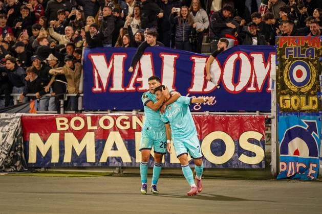 Fussball: UEFA Europa League 2025 26, 2. Spieltag - FC Bologna vs SC Freiburg - Renato Dall Ara (Bologna, Italien): Tor und Torjubel zum 1:0 durch Riccardo Orsolini (Bologna, 7) Freude, Emotionen, Jubel Bologna Metropolitanstadt Bologna Italien Copyright: xJOERANxSTEINSIEKx