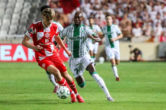 UEFA Conference League - Omonoia vs Mainz WILLY SEMEDO of Omonoia competes for the ball. Omonoia plays against Mainz for the League Phase of the UEFA Conference League at GSP Stadium, Limassol, Cyprus, on Oct. 2, 2025. Limassol Cyprus Copyright: xKOSTASxPIKOULASx