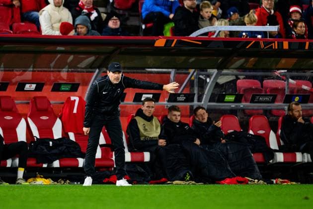 251002 Coach Freyr Alexandersson of Brann during the UEFA Europa League football match between Brann and Utrecht on October 2, 2025 in Bergen. Photo: Vegard Grott BILDBYRAN kod VG VG0816 bbeng fotboll football soccer fotball uefa europa league europa league skb brann utrecht Copyright: VEGARDxGRoTT BB251002VG025