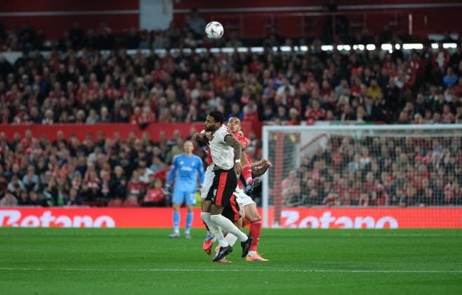 Edward Chilufya of FC Midtjylland and Murillo of Nottingham Forest seen in action during the UEFA Europa league football match between Nottingham Forest and FC Midtjylland at City Ground in Nottingham. Copyright: xPaulxBonser SportsxPressxPhotox Sportspressphoto_SPR36600