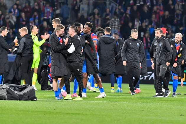 FC Viktoria Plzen players celebrate victory of the UEFA Europa League, 2nd round match: FC Viktoria Plzen vs Malmo FF, in Pilsen, Czech Republic, on October 2, 2025. (CTKxPhoto MiroslavxChaloupka) CTKPhotoP2025100208611  CTKPhotoP2025100208611