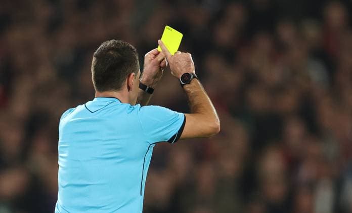 Feyenoord, Netherlands, 2nd October 2025. Referee Rade Obrenovic keeps his original decision after reviewing on the var screen during the Feyenoord vs Aston Villa UEFA Europa League match at Stadion Feijenoord, Feyenoord. Picture credit should read: Paul Terry Sportimage EDITORIAL USE ONLY. No use with unauthorised audio, video, data, fixture lists, club league logos or live services. Online in-match use limited to 120 images, no video emulation. No use in betting, games or single club league player publications. SPI_034_PT_Feyenoord_Aston_Villa SPI-4180-0034