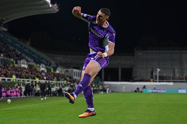 ACF Fiorentina s forward Roberto Piccoli celebrates after scoring a goal during ACF Fiorentina vs SK Sigma Olomouc, UEFA Conference League football match in Florence, Italy, October 02 2025  Copyright: xLisaxGuglielmi IPAxSportx xipa-agency.netx xx IPA_66057811 IPA_Agency_IPA66057811