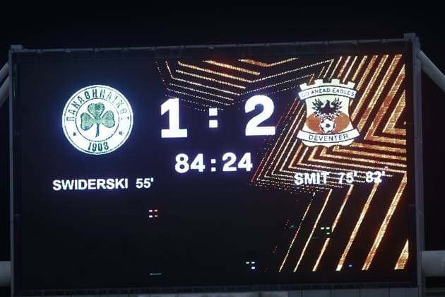 ATHENS , 02-10-2025 , Olympic Athletic Center of Athens Spyros Louis , season 2025 2026 , UEFA Europa League League phase . match between Panathinaikos and Go Ahead Eagles, Picture shows score board with final result 1-2 Panathinaikos - Go Ahead Eagles  x31325425x Copyright: