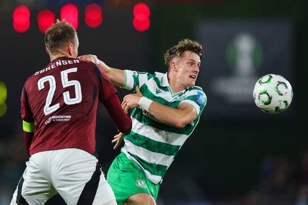 UEFA Europa Conference League Group Phase, Stadion Letna, Prague, Czech Republic 2 10 2025 Sparta Praha vs Shamrock Rovers Rovers John McGovern and Sparta™s Asger Sorensen John McGovern and Asger Sorensen 2 10 2025  Copyright: x INPHO RyanxByrnex RB1_5424