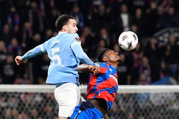 L-R Andrej Duric (Malmo) and Rafiu Durosinmi (Plzen) in action during the UEFA Europa League, 2nd round match: FC Viktoria Plzen vs Malmo FF, in Pilsen, Czech Republic, on October 2, 2025. (CTKxPhoto MiroslavxChaloupka) CTKPhotoP2025100208731  CTKPhotoP2025100208731