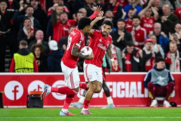 2nd October 2025; The City Ground, Nottingham, England; UEFA Europa League Football, Nottingham Forest versus Midtjylland; Morgan Gibbs-White and Igor Jesus of Nottingham Forest celebrate the gioal scored by Dan Ndoye in the 22nd minute for 1-1  GodfreyxPitt