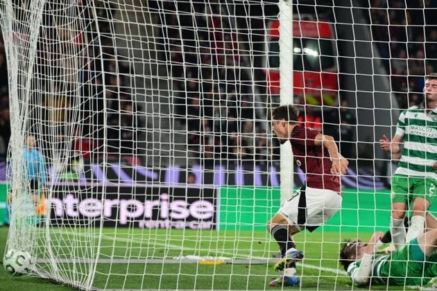 Lukas Sadilek (Sparta; in red jersey) scores (1:0) during the UEFA Conference League, first round match: AC Sparta Praha vs Shamrock Rovers, in Prague, Czech Republic, on October 2, 2025. (CTKxPhoto MichalxKamaryt) CTKPhotoP2025100208817  CTKPhotoP2025100208817