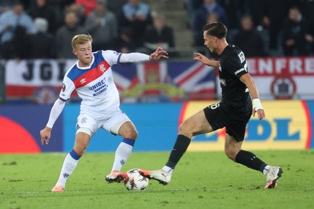 SOCCER - UEFA EL, Sturm vs Glasgow GRAZ,AUSTRIA,02.OCT.25 - SOCCER - UEFA Europa League, SK Sturm Graz vs Glasgow Rangers FC. Image shows Connor Barron (Rangers) and Belmin Beganovic (Sturm).  GEPAxpictures xChrisxBauer