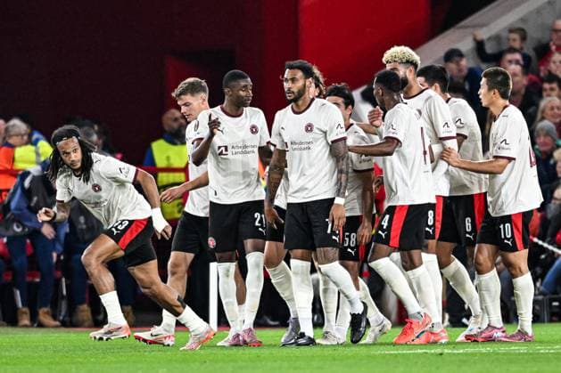 2nd October 2025; The City Ground, Nottingham, England; UEFA Europa League Football, Nottingham Forest versus Midtjylland; Mads Bech Sorensen of FC Midtjylland celebrates with his team after scoring in the 24th minute for 1-2  GodfreyxPitt