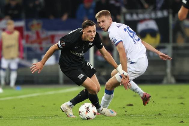SOCCER - UEFA EL, Sturm vs Glasgow GRAZ,AUSTRIA,02.OCT.25 - SOCCER - UEFA Europa League, SK Sturm Graz vs Glasgow Rangers FC. Image shows Belmin Beganovic (Sturm) and Oliver Antman (Rangers).  GEPAxpictures xChrisxBauer