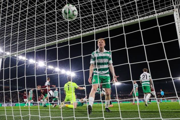UEFA Europa Conference League Group Phase, Stadion Letna, Prague, Czech Republic 2 10 2025 Sparta Praha vs Shamrock Rovers Rovers Rory Gaffney reacts after his side concedes a second goal Rory Gaffney reacts after his side concedes a second goal 2 10 2025  Copyright: x INPHO RyanxByrnex RB4_5243