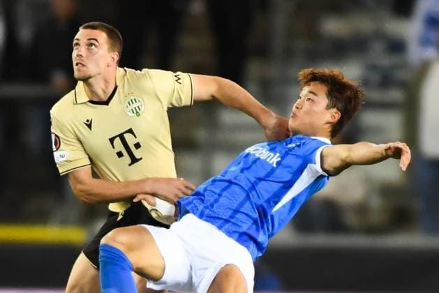 Ferencvaros Toon Raemaekers and Genk s Hyeon-Gyu Oh pictured in action during a soccer game between Belgian KRC Genk and Hungarian Ferencvarosi TC, on Thursday 02 October 2025, in Genk, in the second game (out of 8) in the league phase of the UEFA Europa League competition. JILLxDELSAUX  x135943030x