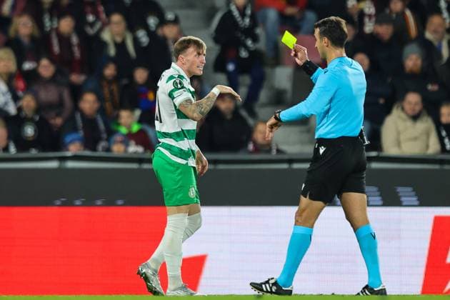 UEFA Europa Conference League Group Phase, Stadion Letna, Prague, Czech Republic 2 10 2025 Sparta Praha vs Shamrock Rovers Rovers Danny Grant receives a yellow card Danny Grant receives a yellow card 2 10 2025  Copyright: x INPHO RyanxByrnex RB1_7096