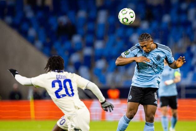 SLOVAN BRATISLAVA - STRASBOURG Kevin Wimmer of Slovan and Martial Godo of Strasbourg during league phase of UEFA Conference league football match between SK Slovan Bratislava and RC Strasbourg Alsace. Bratislava, Slovakia, October 02, 2025. Copyright: xx 080A1247