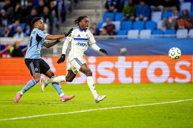 SLOVAN BRATISLAVA - STRASBOURG Cesar Blackman of Slovan and Martial Godo of Strasbourg during league phase of UEFA Conference league football match between SK Slovan Bratislava and RC Strasbourg Alsace. Bratislava, Slovakia, October 02, 2025. Copyright: xx 080A1323