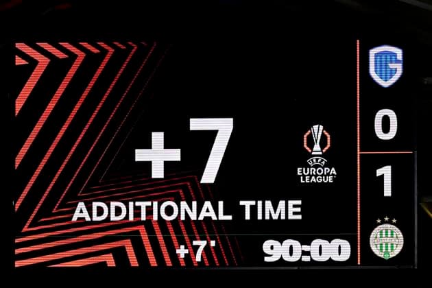 KRC Genk v Ferencvaros - UEFA Europa League GENK, BELGIUM - OCTOBER 02 : scoreboard showing additional time (7 min) during the UEFA Europa League 2025 26 League Phase MD2 match between KRC Genk and Ferencvaros on October 2, 2025 in Genk, Belgium, 02 10 2025 Genk Belgium  Copyright: xTomasxSiskx