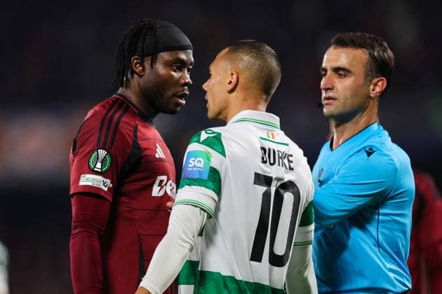 UEFA Europa Conference League Group Phase, Stadion Letna, Prague, Czech Republic 2 10 2025 Sparta Praha vs Shamrock Rovers Tempers flare between Rovers Graham Burke and Sparta™s Emmanuel Uchenna Graham Burke and Sparta™s Emmanuel Uchenna 2 10 2025  Copyright: x INPHO RyanxByrnex RB1_8694
