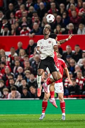 2nd October 2025; The City Ground, Nottingham, England; UEFA Europa League Football, Nottingham Forest versus Midtjylland; Ousmane Diao of FC Midtjylland beats Morgan Gibbs-White of Nottingham Forest in the air  GodfreyxPitt