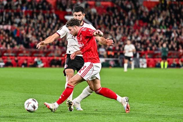 2nd October 2025; The City Ground, Nottingham, England; UEFA Europa League Football, Nottingham Forest versus Midtjylland; Neco Williams of Nottingham Forest goes past Martin Erlic of FC Midtjylland  GodfreyxPitt