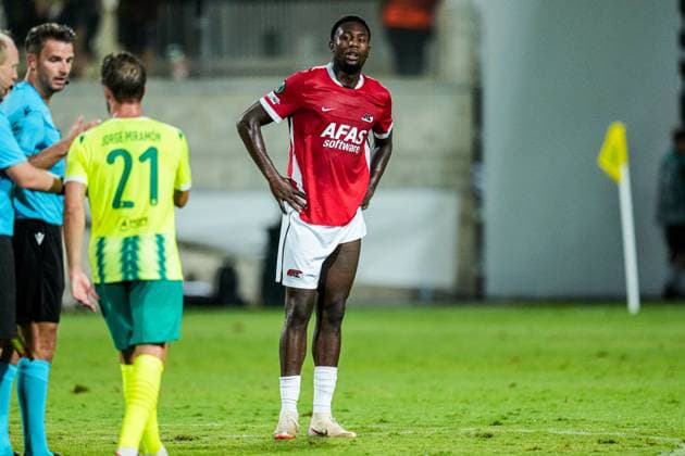 2025-10-02 AEK Larnaca FC v AZ Alkmaar - UEFA Conference League 2025 26 League Phase MD1 LARNACA, CYPRUS - OCTOBER 2: Lequincio Zeefuik of AZ Alkmaar disappointed during the UEFA Conference League 2025 26 League Phase MD1 match between AEK Larnaca FC and AZ Alkmaar at AEK Arena on October 2, 2025 in Larnaca, Cyprus. Larnaca AEK Arena Cyprus Content not available for redistribution in The Netherlands directly or indirectly through any third parties. Copyright: xEdxvanxdexPolx