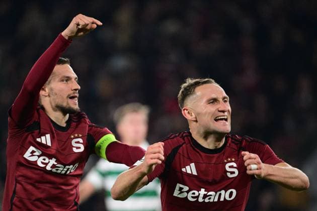 L-R Lukas Haraslin and Jan Kuchta (both Sparta) celebrate fourth goal of Sparta during the UEFA Conference League, first round match: AC Sparta Praha vs Shamrock Rovers, in Prague, Czech Republic, on October 2, 2025. (CTKxPhoto MichalxKamaryt) CTKPhotoP2025100209401  CTKPhotoP2025100209401