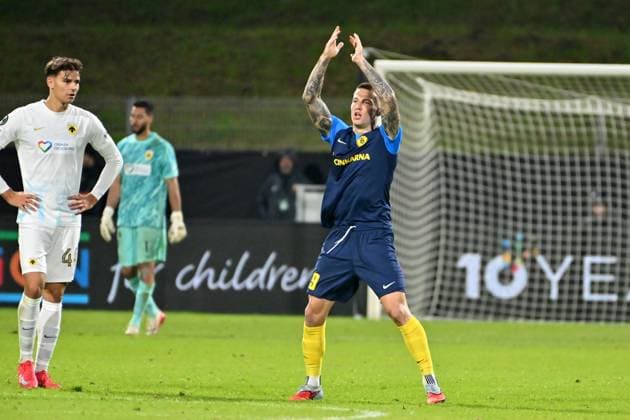 Celje, Slovenia, October 02nd 2025, Franko Kovacevic of Celje celebrate score during the UEFA Conference League, League phase Matchday 1, between Celje (Slovenia) and AEK Athens (Greece) at Stadion Celje, Celje, Slovenia. (Photo by Igor Kupljenik Sports Press Photo) Copyright: xIgorxKupljenikx xSPPx Sportspressphoto_SPR36764