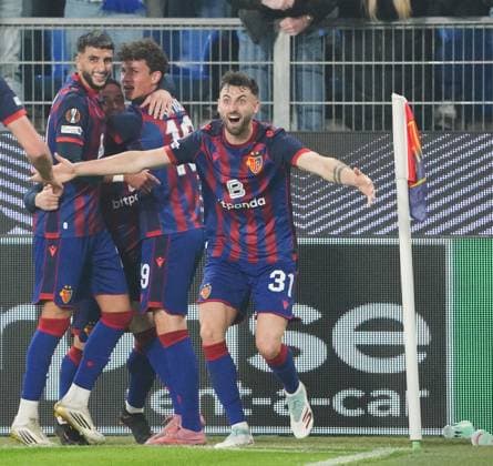 02.10.2025 Schweiz, Basel .Fussball Herren UEFA Europa League Saison 2025 2026 FC Basel - VFB Stuttgart.2:0 Bild :Torjubel Dominik Schmid (FC Basel) Aktion