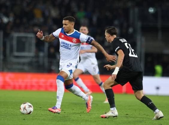 Rangers captain James Tavernier and Belmin Beganovic of SK Sturm Graz during UEFA Europa League league phase match at Merkur Arena, Graz. SK Sturm Graz v Rangers - UEFA Europa League - League Phase - Merkur Arena, Styria, Austria - 02 Oct 2025Graz Merkur Arena Styria Australia EDITORIAL USE ONLY  Copyright: xRangersxFC Shutterstockx 15514837ej