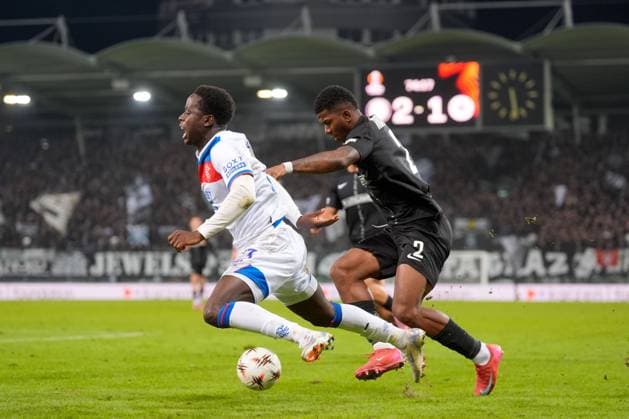 Djeidi Gassama of Rangers and Jeyland Mitchell of Sturm Graz Sturm Graz v Rangers, UEFA Europa League, Group Stage, Football, Merkur Arena, Graz, Austria - 02 Oct 2025Graz Merkur Arena Austria EDITORIAL USE ONLY No use with unauthorised audio, video, data, fixture lists, club league logos or live services. Online in-match use limited to 120 images, no video emulation. No use in betting, games or single club league player publications. Copyright: xChristianxHofer Shutterstockx 15504056cm