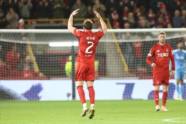 Aberdeen v Shakhtar Donetsk Europa Conference League 02scores a goal 1-0 and celebrates, celebration2025. GOAL 2-3 Nicky Devlin of Aberdeen scores a goal 2-3 and celebrates, celebration during the Europa Conference League match between Aberdeen and Shakhtar Donetsk at Pittodrie Stadium, Aberdeen, Scotland on 2 October 2025. Aberdeen Pittodrie Stadium Aberdeenshire Scotland Editorial use only , Copyright: xStephenxDobsonx PSI-22972-0112