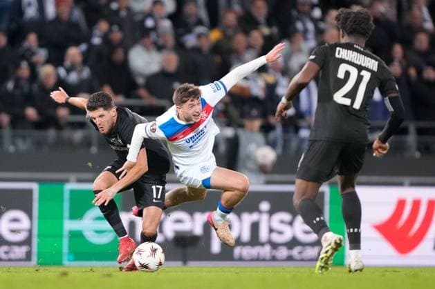 Mikey Moore of Rangers and Emir Karic of Sturm Graz Sturm Graz v Rangers, UEFA Europa League, Group Stage, Football, Merkur Arena, Graz, Austria - 02 Oct 2025Graz Merkur Arena Austria EDITORIAL USE ONLY No use with unauthorised audio, video, data, fixture lists, club league logos or live services. Online in-match use limited to 120 images, no video emulation. No use in betting, games or single club league player publications. Copyright: xChristianxHofer Shutterstockx 15504056dh