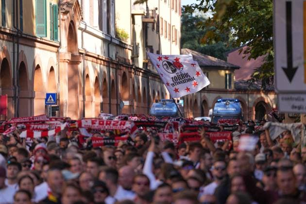 Fanmarsch, Fans, Ultras , Italien, Fussball, UEFA Europa League, 2.Spieltag, Ligaphase, 2025 2026, Bologna FC vs. SC Freiburg, 02.10.2025, Stadio Renato Dall™Ara, Bologna, Italien Bologna Stadio Renato Dall™Ara Emilia-Romagna Italien Copyright: xArnexAmbergx