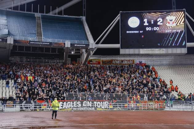 ATHENS , 02-10-2025 , Olympic Athletic Center of Athens Spyros Louis , season 2025 2026 , UEFA Europa League League phase . match between Panathinaikos and Go Ahead Eagles, final result 1-2. Picture shows fans GA Eagles with final score Panathinaikos - Go Ahead Eagles  x31328734x Copyright: