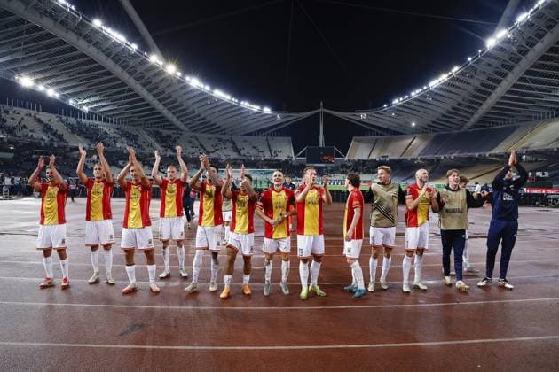 ATHENS , 02-10-2025 , Olympic Athletic Center of Athens Spyros Louis , season 2025 2026 , UEFA Europa League League phase . match between Panathinaikos and Go Ahead Eagles, final result 1-2. Picture shows celebration after the match by players GA Eagles Panathinaikos - Go Ahead Eagles  x31328737x Copyright: