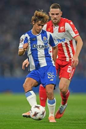 2nd October 2025; Dragao Stadium, Porto, Portugal: UEFA Europa League 2025 2026, FC Porto versus Red Star Belgrade; Rodrigo Mora of FC Porto passes away from Timi Max Elsnik of Red Star Belgrade  DanielxCastro