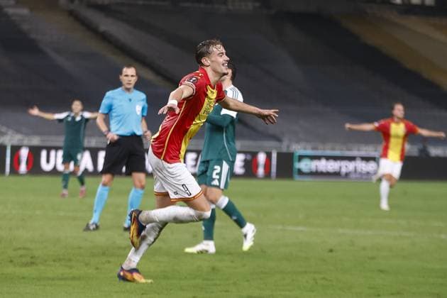 ATHENS , 02-10-2025 , Olympic Athletic Center of Athens Spyros Louis , season 2025 2026 , UEFA Europa League League phase . match between Panathinaikos and Go Ahead Eagles, final result 1-2. Picture shows GA Eagles player Milan Smit goal celebration Panathinaikos - Go Ahead Eagles  x31328750x Copyright:
