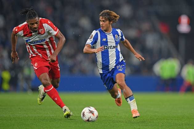 2nd October 2025; Dragao Stadium, Porto, Portugal: UEFA Europa League 2025 2026, FC Porto versus Red Star Belgrade; Rodrigo Mora of FC Porto goes past Franklin Tebo Uchenna of Red Star Belgrade  DanielxCastro
